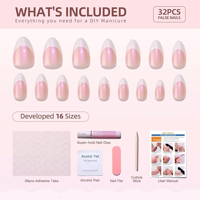 French Tip Press On Nails Short Almond Fake Nails with Glue Reusable Stick On Nail in 16 Sizes Glue On Nail 32 Pcs, Fantasy French Tip