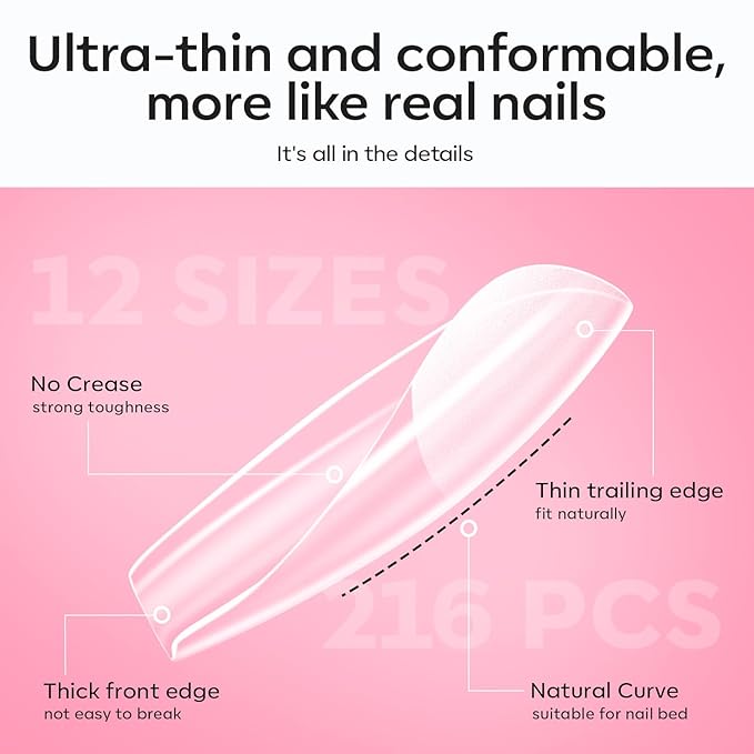 modelones Short Square Gel Nail Tips, 9-in-One Nail Glue with Portable U V Lamp 216Pcs 12Sizes Pre-Etched Press ons Fake Acrylic Extension Kit DIY Salon Gift for Women