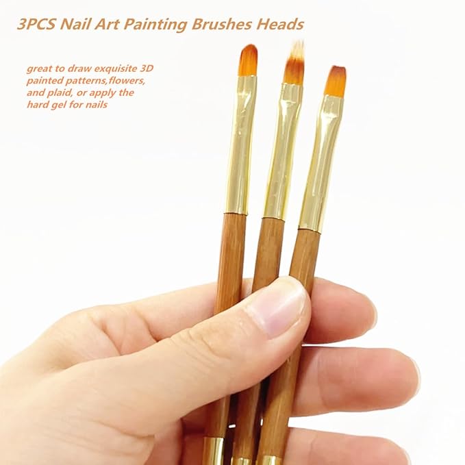 3Pcs Nail Art Drawing Brushes, Short Bamboo Penholder Double End Pen Brush, Acrylic Round Flat Painting Drawing Liner Tools