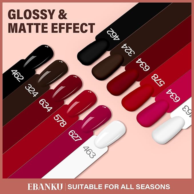EBANKU 6 Pcs 15ML Red Gel Nail Polish Set- Valentines Dark Red Burgundy Gel Polish Same Color Same Bottle Soak Off Gel Polish Kit Nail Art Manicure Gifts for Women (Dark Red White Black Brown)