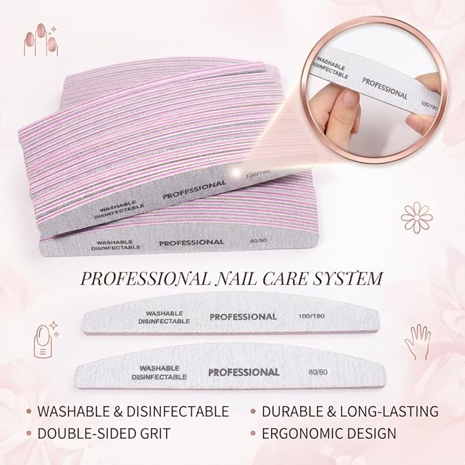 25PCS Professional Half Moon Emery Board Nail Files, 80/80 Grit Dual-Sided Buffer, Reusable Nail Filing Tools for Natural & Acrylic Nails, Home & Salon Manicure Supplies