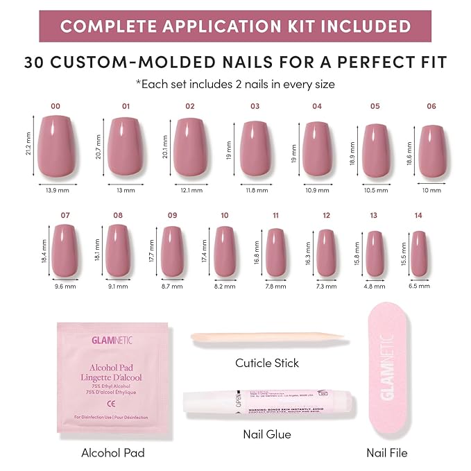 Glamnetic Press On Nails - Mauve Affair | Medium Coffin Muted Purple Fake Nails, Salon Quality Nails | 15 Sizes - 30 Nail Kit with Glue
