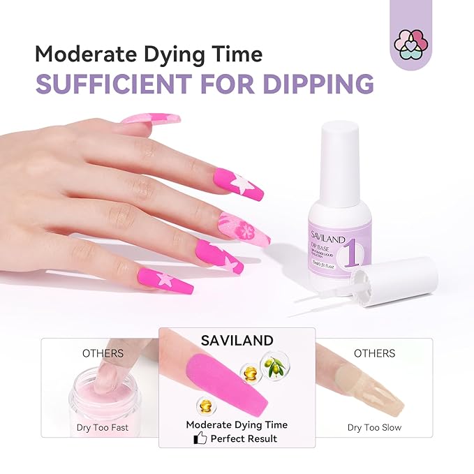 SAVILAND Dip Powder Base: Vitamin E Ultra Adhesive Dip Foundation Coat for Refill Dip Powder Liquid Set HEMA-free Nail Kit with 2 Liner 3 Replacement Brush for French Nail Art Beginner Home Salon DIY