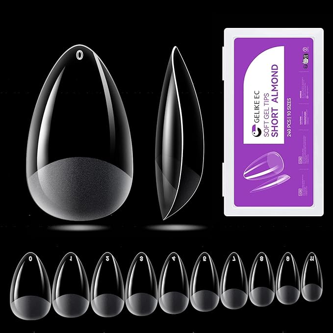 Gelike ec Short Almond Nail Tips: 240PCS Soft Gel Tips for Almond Shaped Full Cover Gel Nail Tips Pre Etched - PMMA Resin Clear False Nails 10 Sizes