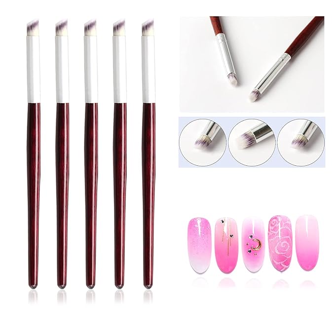 JERCLITY 5pcs Nail Gradient Brush Set With Red Wooden Handle Nail Drawing Brush UV Gel Design Builder Painting Pen