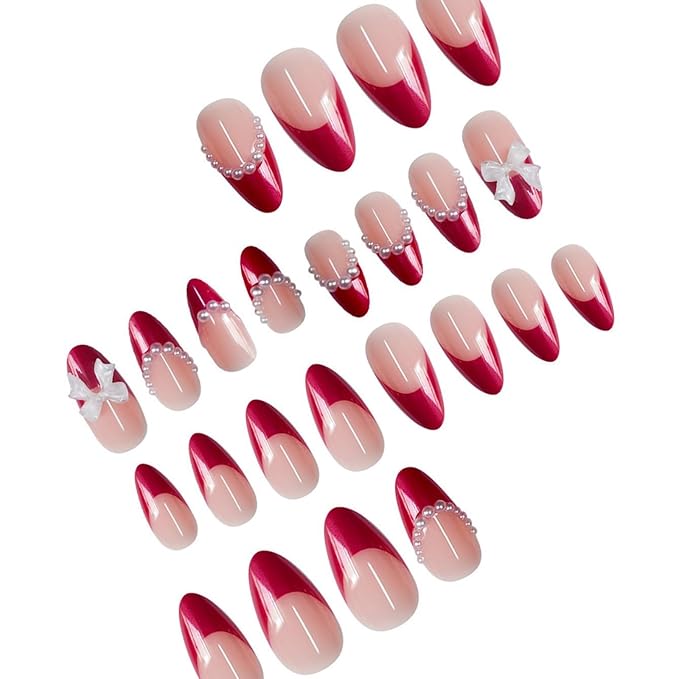Medium Press on Nails Almond Fake Nails French False Nails Red Artificial Nails with White Bow Designs Stick on Nails for Women 24pcs