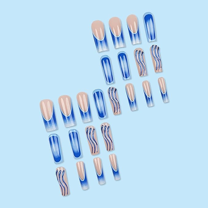 Square Press on Nails Long Blue Ombre Fake Nails with Design French Tips Nail Glue on Nail Glossy Acrylic Nails Press ons Cute False Nails for Women Manicure 24pcs
