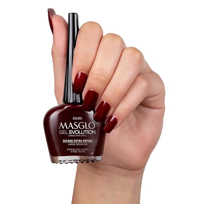 MASGLO GEL EVOLUTION Nail Polish Gel Effect, No UV/Led Lamp Required, Duration up to 12 day, 1 peice color Gel sin necesidad de lampara UV/Led, hasta 12 dias de duracion (FIESTA)