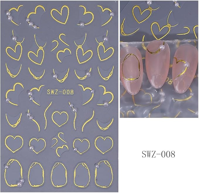 Gold Nail Stickers 5D Embossed Gold Hearts Nail Decals 3D Self Adhesive Key Nail Art Stickers Bow Love Nails Designs Lines Nails Supplies for Women DIY Manicure 3 Sheets