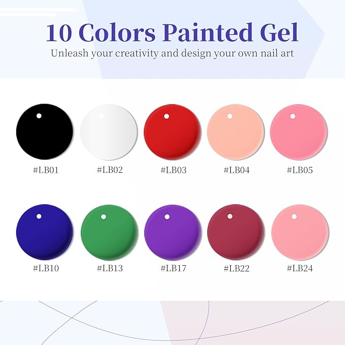 JODSONE Nail Art Gel Liner Set 10 Colors White Red Black White Gel Nail Polish Need U V Lamp Cured with Thin Brush,Valentines Gifts for Women
