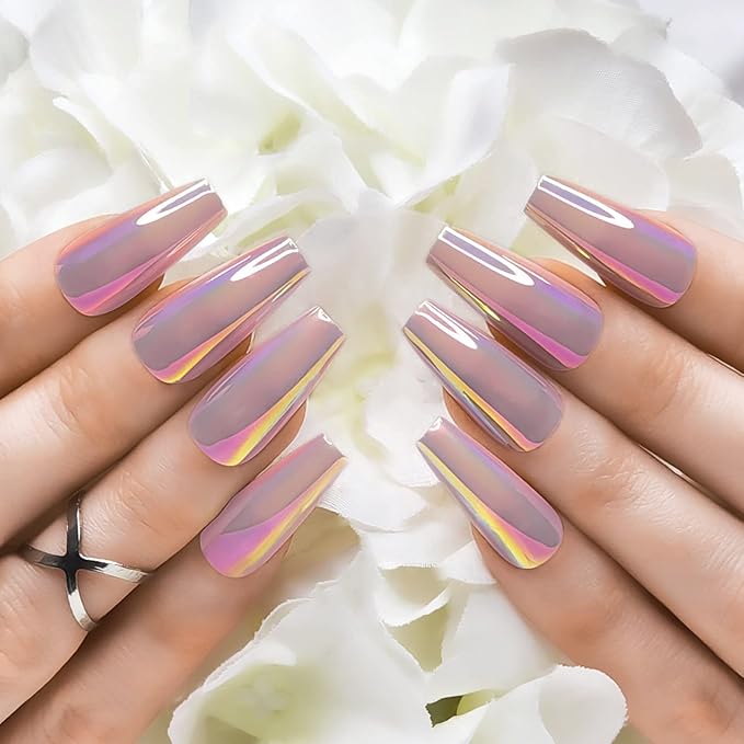 Hypnaughty 24 Pcs Mauve Chrome Coffin Medium Long Press On Nails and Glue Reflective Mirror False Nails (Mauve Chrome)