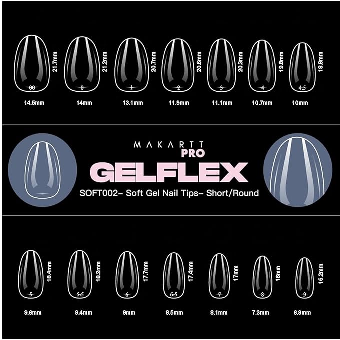 MakarttPro GelFlex Soft Gel Nail Tips – 500pc Box with 14 Sizes (00–9) – Clear Short Round Shape – Lightweight, Durable & Easy to Apply Nail Extension Tips for Professional Nail Technicians