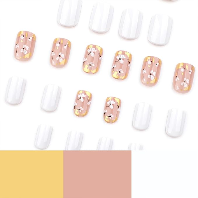 White Press on Nails Short Square Fake Nails Flowers Glue on Nails Summer Petals Acrylic Nails Press ons Glossy Gold Glitter False Nails Glossy Stick on Nails for Women 24 Pcs