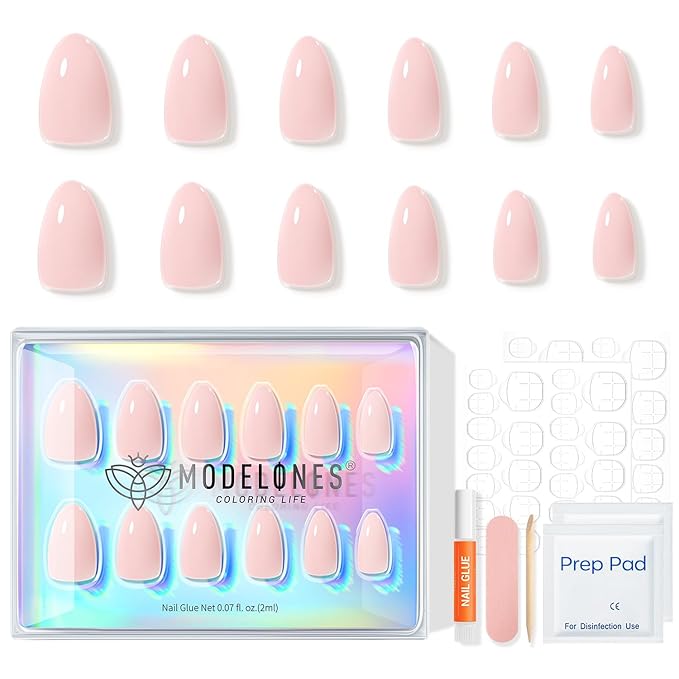 Modelones Pink Press on Nails Almond, Spring Short Fake Nails, Reusable Nail Kit with Nail Glue Adhesive Tabs Mini Nail File, Nails Press Ons 32Pcs 16 Sizes, Women Girl Gift