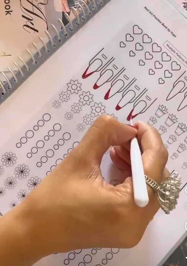 Gel & Acrylic Nail Art Workbook Reusable 3D Nail Design Template Ombre Stilleto French tip Nail Practice Book for UV Gel Polish Poly Builder Gel X Acrylic Nail foils Crystals Rhinestones Glitter (5)