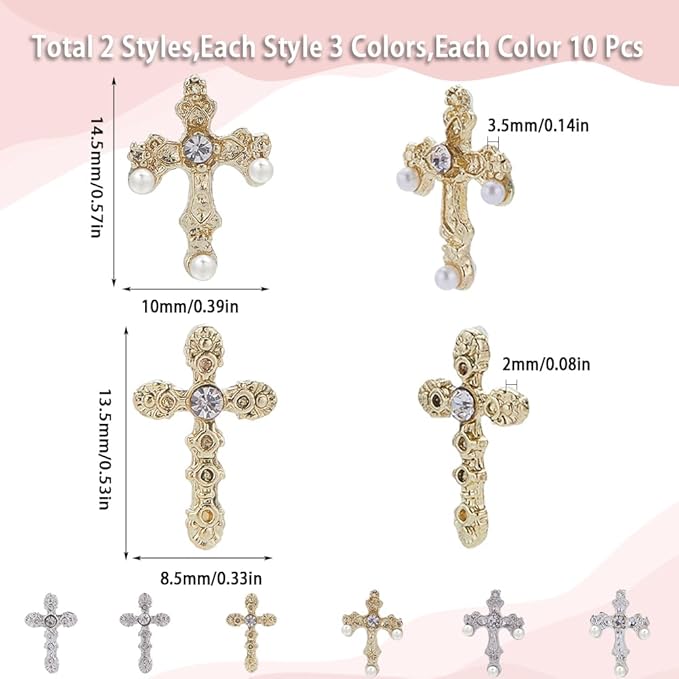 SUNNYCLUE 1 Box 60Pcs Cross Nail Charms Easter 3D Pearl Beads Nails Charms Bulk Mini Small Cross Bead Flatbacks Rhinestone Diamond Nail Art Charm Golden Silver Nail Cross Charms for Nails Decoration