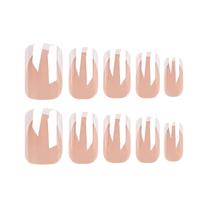 French Tip Press on Nails Short Square Fake Nails Chrome Mirror False Nails Press ons Shiny Nature Glue on Acrylic Nails Glossy Full Cover Stick on Nail for Women Manicure Decoration 24Pcs