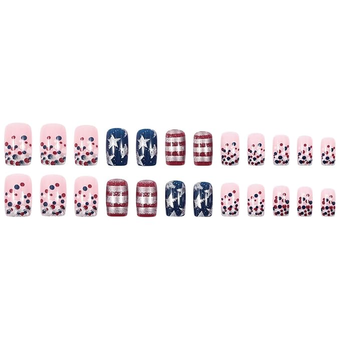 24Pcs 4th of July Press on Nails Short Square Fake Nails with Glitter Stars Stripe Design Acrylic Nails Silvery French Tip False Nails Full Cover Glossy Independence Day Stick on Nails for Women