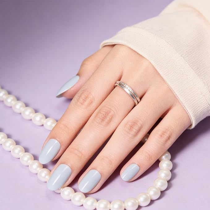 Blue Press On Nails,Medium Glue On Nails Kit 30-Piece-15 Sizes Durable Reusable Press On Nails for Women Gift(HCK414 light blue)