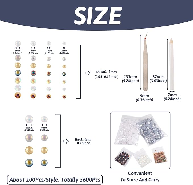 Craftdady 3600Pcs Nail Art Rhinestone Pearls Flatback Nail Charms Pearl Beads with Pickup Pencil Resin Gems Nail Decal Stickers for Crafts Nail Arts Jewelry Making