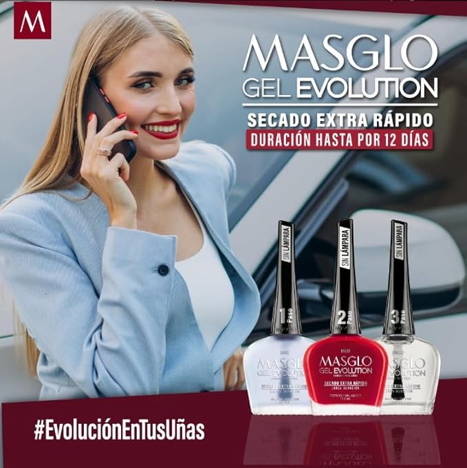 MASGLO GEL EVOLUTION Nail Polish Gel Effect, No UV/Led Lamp Required, Duration up to 12 day, 1 peice color Gel sin necesidad de lampara UV/Led, hasta 12 dias de duracion (MALVADA)