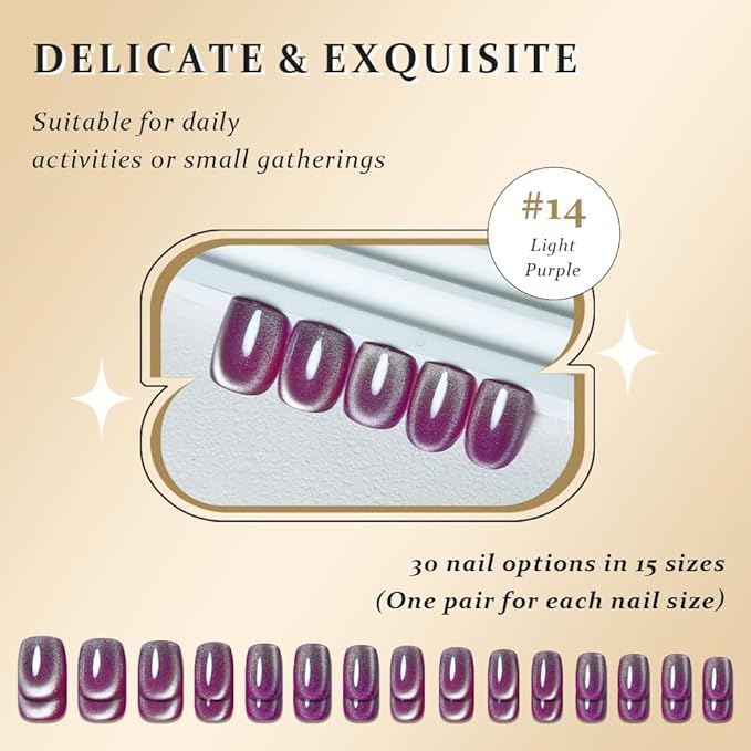 evpct Light Purple Cat Eye Extra Short Press on Nails Square, Petite Short Square Stick on Nails for Women Gift, Magenta Purple Holographic Glitter Glossy Reusable Gel Press on Acrylic Fake Nail