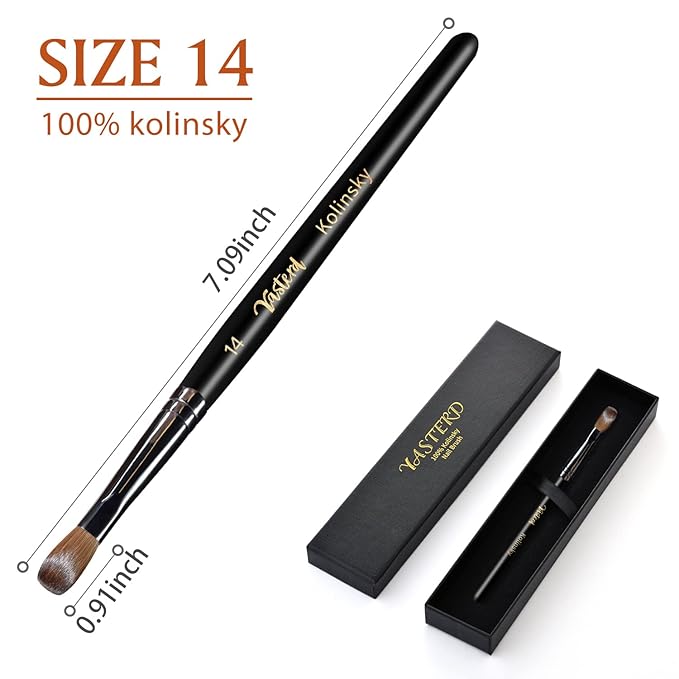 Yasterd Acrylic Nail Brush 100 percent Kolinsky Brushes for Nails Size 14 Oval Crimped Shaped Application Black Wood Handle Professional Art Powder Manicure Tool 14