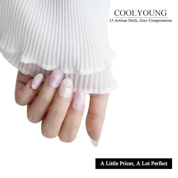 Handmade Press On Nails Short Almond Press On Nails Acrylic Nails For Women COOLYOUNG False Nails, 15 PSC, Size S