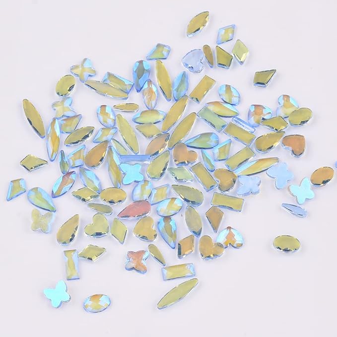 100pcs Aurora Blue ab Nail Art Rhinestones 10 Shapes Small Flatback Stones Mix Heart Butterfly Shaped Crystals Charms Accessory for Nail Decor Bulk Pack