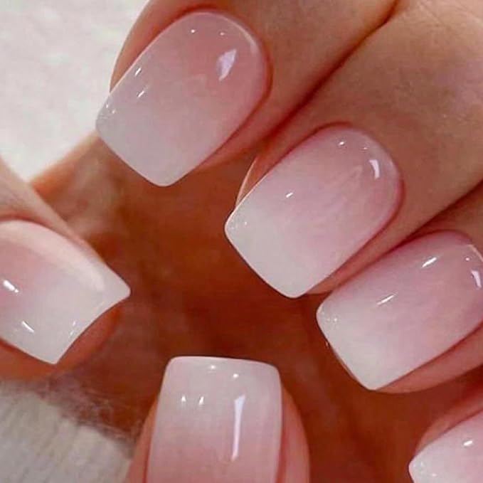 Ombre Press on Nails Short Square Fake Nails Nude False Nails Pink Nail Press ons Full Cover Acrylic Stick on Nails Gradient White French Tip Glossy Glue on Nail for Women Manicure Set 24Pcs