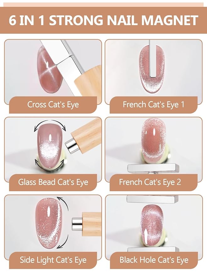 EBANKU 6 in 1 Cat Eye Nail Magnet Tool Set, 6PCS Heart Magnet with Y-Shaped Guide for Cat Eye Gel Polish, Magnetic Nail Art Tool for French Stunning Cat Eye Effect, DIY Manicure Kit