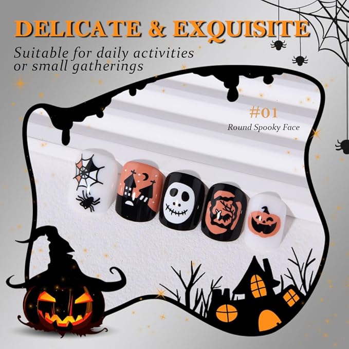 Halloween Press on Nails Petite Short Square with Horror Design, Extra Short Fake Nails Skull Face Pumpkin False Nail with Castle & Bat Designs, Full Cover Glossy Stick on Ghost Nail for Women Girls
