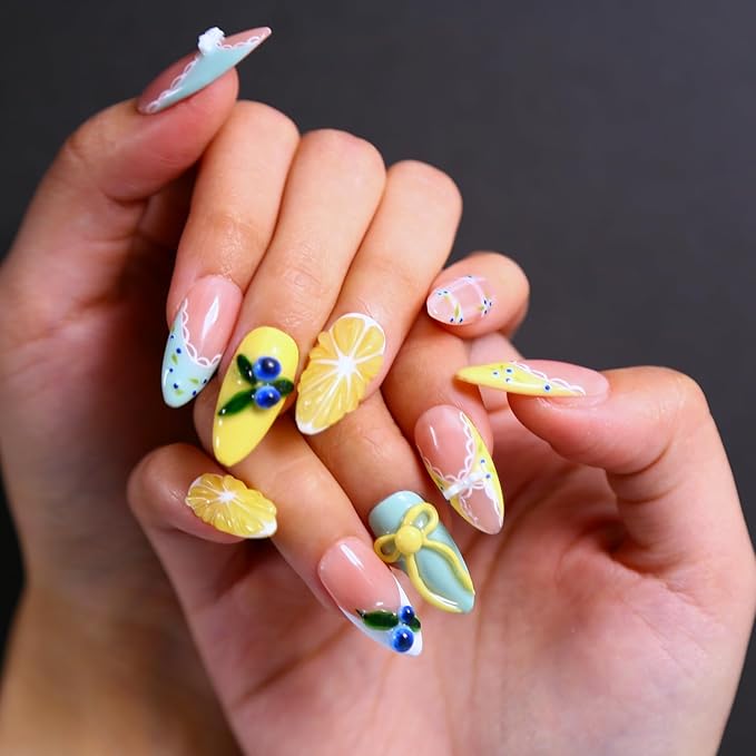 Press On Nails, 10 Pcs Handmade French Almond Fake Nails, Reusable Artificial Cute Fruit Pattern False Nails for Women 3D Acrylic Nails Kit (Size M)