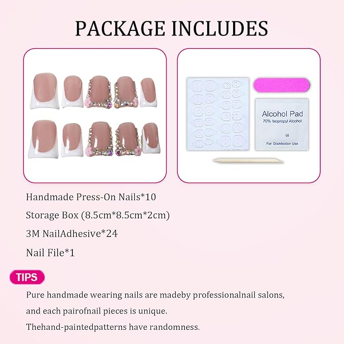 Handmade Duck Press on Nails White French Tip Short Duckbill Tips with Rhinestone Flower Designs Full Cover Muti-Layer Gel Acrylic Nail Luxury False Nails Thickened Fake Stick on Nails for Women (M)