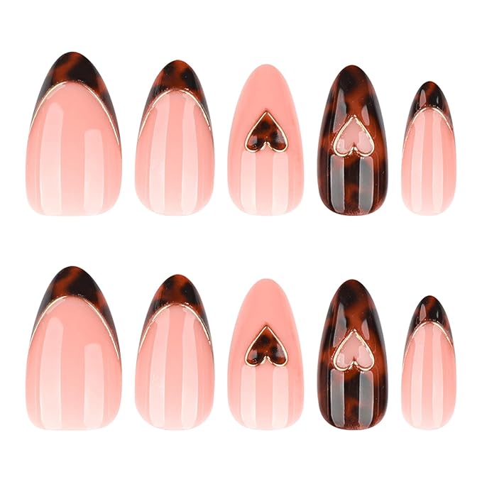 Medium Press On Nails Almond, Nude Pink French Tip Leopard Design with Gold Heart Detail, Glossy Acrylic Fake Nails, Reusable Stick On Nail Set 24pcs for Women, Chic Elegant Manicure