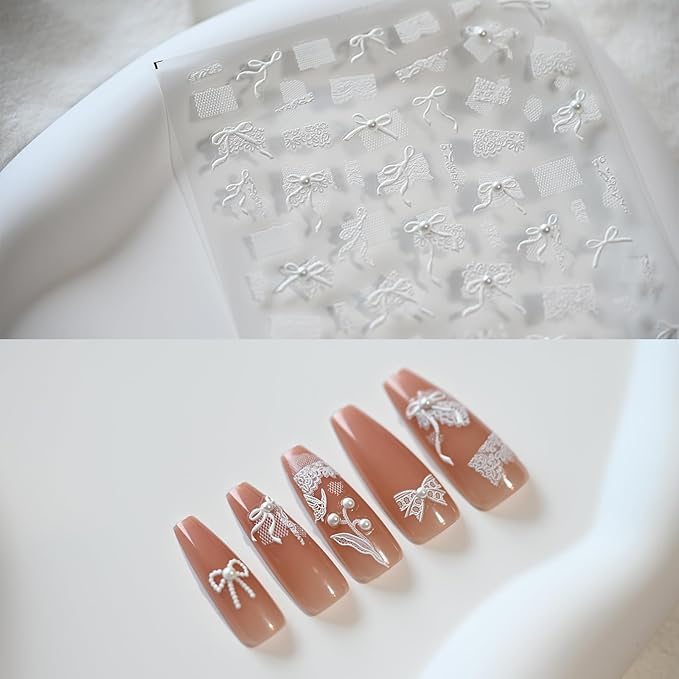 White Bow Ribbon Nail Art Stickers Pearl Lace Rhinestones Embossed Nail Decals for Nail Art Design Self-Adhesive Nail Accessories for Women Nail Art Supplies 3 Sheets