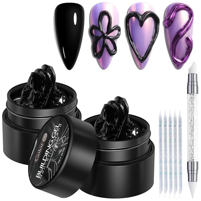 Solid Builder Gel Kit, 2PCS Black 3D Sculpting Gel Non-Sticky Hand Carving Gels with Silicone Pen Hard Gels for Nails Molding 3D Flowers Nail Design Manicure Salon Supplies