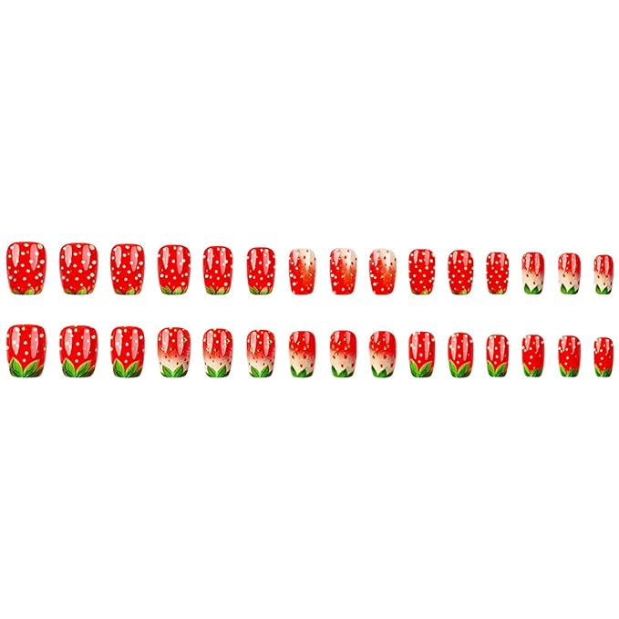 French Tip Press on Nails Short Square Fake Nails with Designs Strawberry Glue on Nails Rhinestone Acrylic Nails Summer Fruit False Nails Glossy Full Cover Stick on Nails for Women