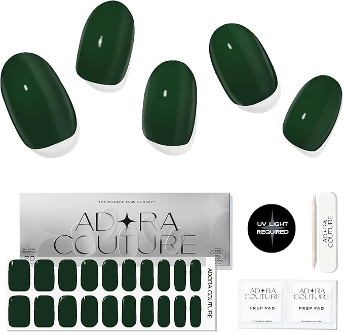 Semi-Cured Gel Nail Strips - 20 Salon-Quality Gel Sticker with UV Light Required, Long Lasting, Easy Application & Removal, Includes Prep Pad, Nail File, Wooden Stick (Green Moss)