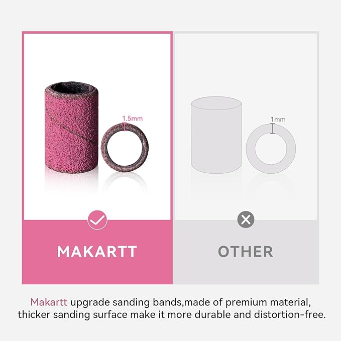 Makartt Sanding Bands for Nail Drill - 100 Pcs Nail File Sanding Bands for Drill Bits #120 Medium Grits for Acrylic Nails Gel Removing and Shaping, Upgrade Thicker Durable Sanding Drill Bit, Pink