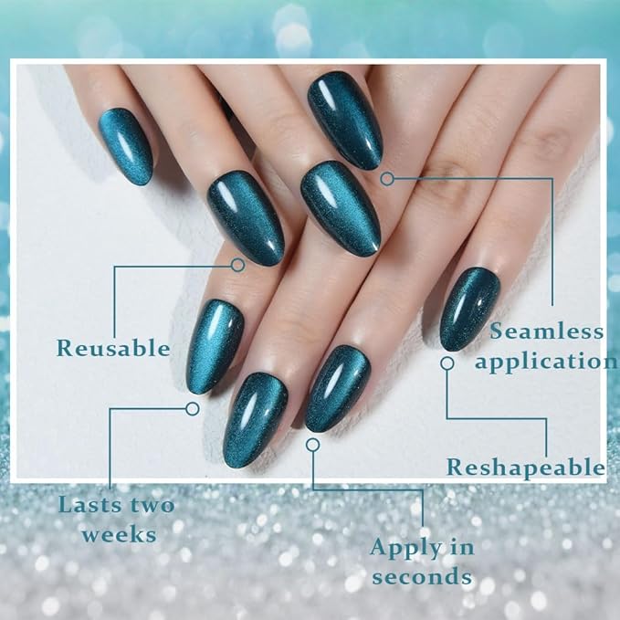 evpct Dark Blue Press on Nails Almond Short, Sapphire Blue Cat Eye Glitter Holographic Press on Nails, Soft Gel Press Stick on Nail with Nail Kit, Full Cover, 30Pcs Reusable Acrylic Fake Nails Kit