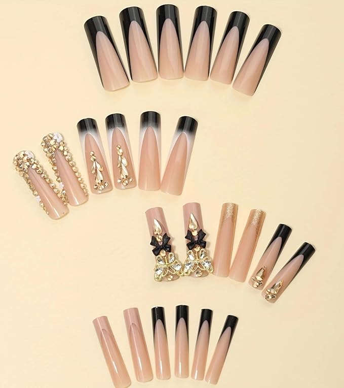 Press on Nails Square - Extra Long Fake Nails with 3D Rhinestones Butterfly, Black French Tips False Nail, Stick On Nails for Women, 12 Sizes - 24 Nail Kit, Midnight Mirage