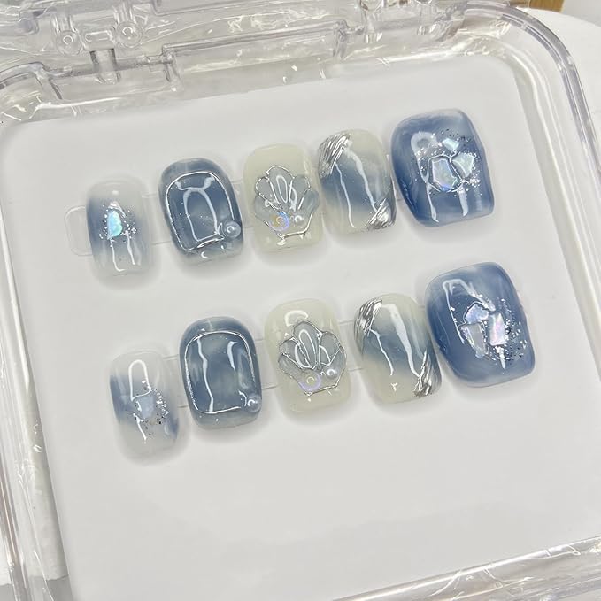 Handmade Press on Nails Shell False Nails White Pearl Press on Nail Short Square Fake Nails Designs Full Cover Artificial Gradient Blue Acrylic Glue on Nail for Women Girls Stick on Nails (Size S)