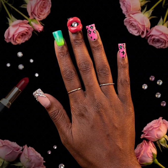 10 Pieces Luxury Acrylic Press On Nails Short Handmade Duck Nails, Pink Thickened False French Nails, Leopard Print And 3D Red Lips, Reusable Fake Nails, Acrylic Nails (S)
