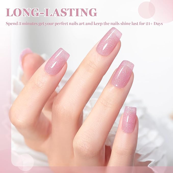 RARJSM Nude Rosy Mauve Pink Rainbow Glitter Rubber Base Coat Gel Nail Polish Natural Skin Tone Iridescent Shimmer Brush on Extend Jelly Gelpolish Curing Requires 15ml Salon Home French Manicure
