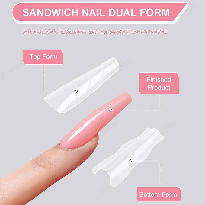 Sandwich Nails Dual Forms 180Pcs Long Coffin Shape, Nail Extension Forms with 15 Sizes, Reusable Plastic Nail Mold for Builder Gel & Poly Gel, No Paper Form Needed, Salon & Home DIY Nail Art
