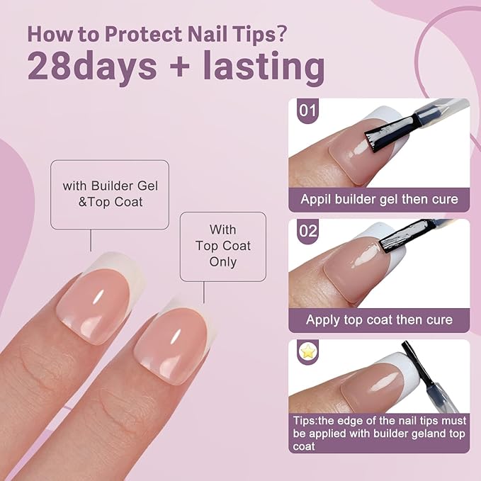 Gel French Tip Nails Medium Square Press on Nails White Tips 300Pcs Pre-applied Primer Natural Nude Pink Fake Nails Extensions Kit for Women Girls DIY