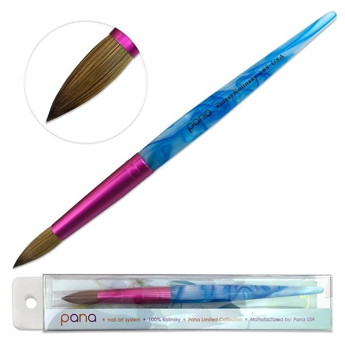 PANA USA Acrylic Nail Brush Pure Kolinsky Hair Acrylic White Swirl Blue Handle with Pink Ferrule Round Shaped - Size 18