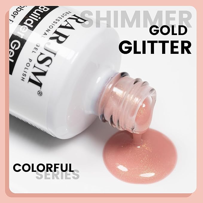RARJSM Nude Glitter Rubber Base Gel Polish Melon Pink Rubber Base Gel for Nails Gold Shimmer Pigment Brush on Extend Builder Hard Gel Soak Off Curing Requires Single Bottle 15ml Salon Home DIY Use