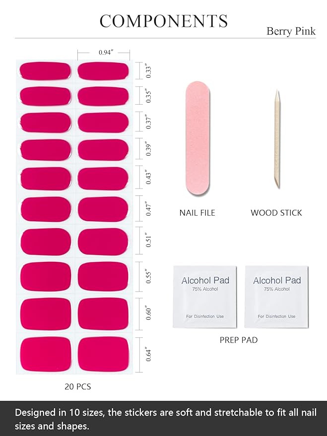 Semi Cured Gel Nail Strips (Berry Pink), 20 Pcs Gel Nail Wraps, Stickers, UV Light Required, Salon Quality, Long Lasting